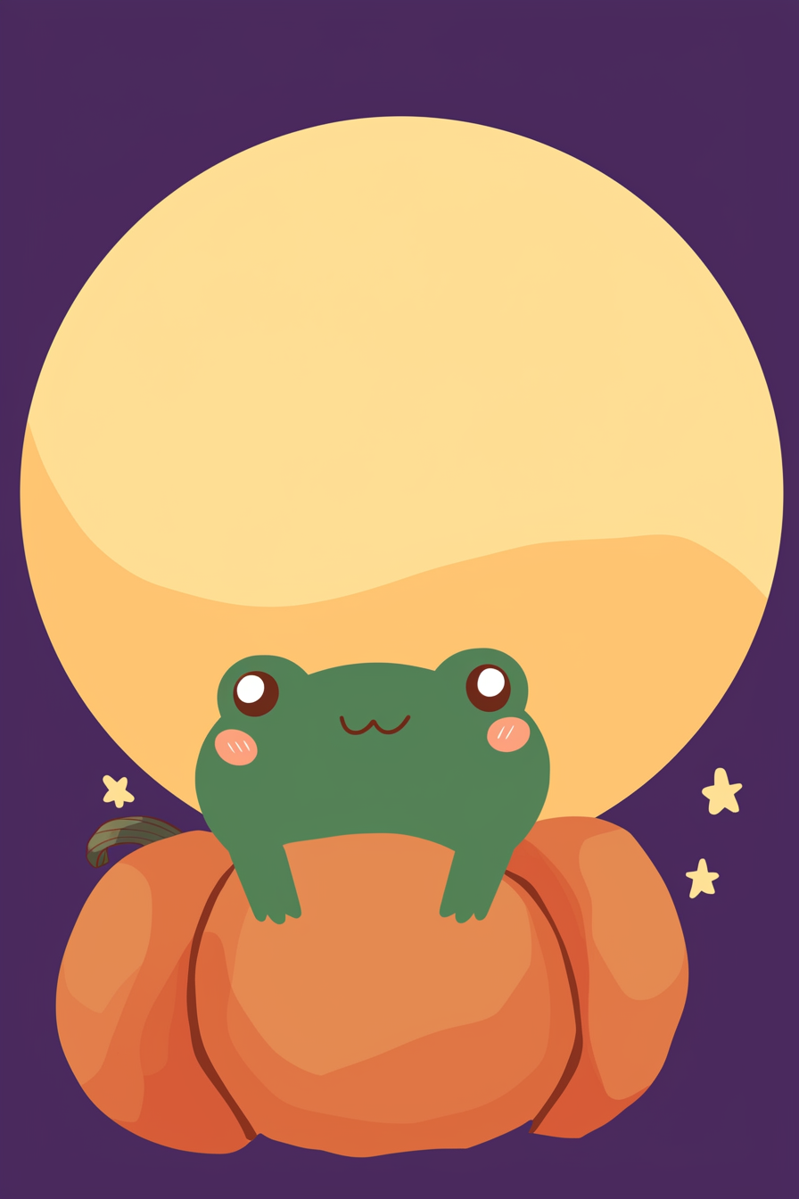 halloween frog drawing ideas 2 features a cute frog with blushing cheeks sitting happily on a plump orange pumpkin. Behind it, a large harvest moon illuminates the scene with its soft glow, surrounded by tiny stars, all set against a purple night sky.